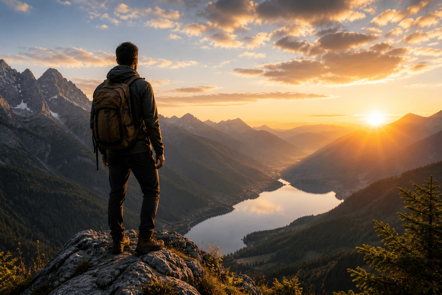 A hiker with a backpack standing on a mountain ridge at sunrise
